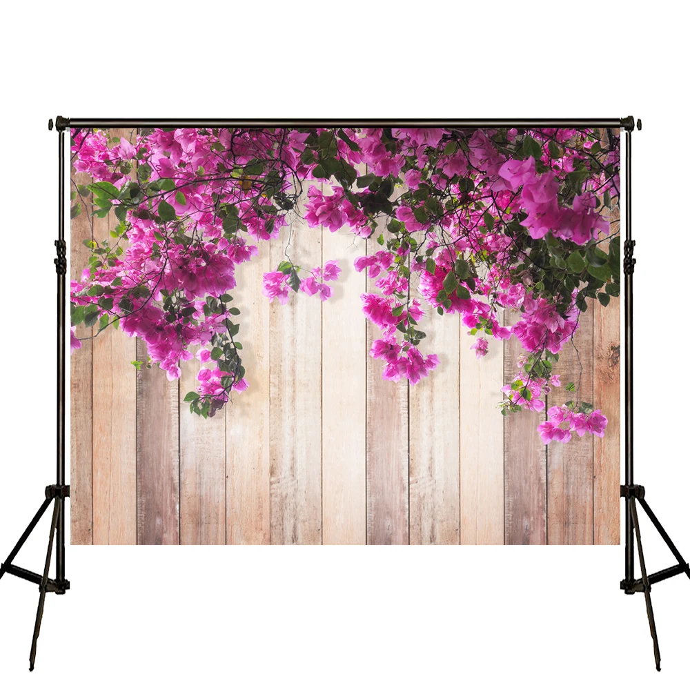 VinylBDS 7x5ft Wood Plank Backdrop Purple Flowers Wall Photography Retro Wood Flowers Photo Booth Backdrops Props