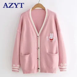 Cartoon Stickerei Strickjacke Frühling Herbst lose gestrickte Frauen Pullover Strickjacke lässig ziehen Femme