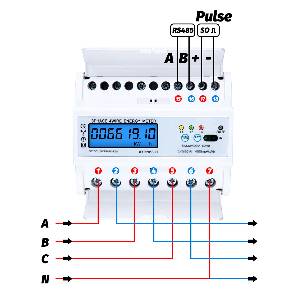 3 Phase 4 Wire RS485 Modbus 380V 80A DIN Rail Energy Meter Digital Backlight Power Factor Monitor with Voltage Current Display