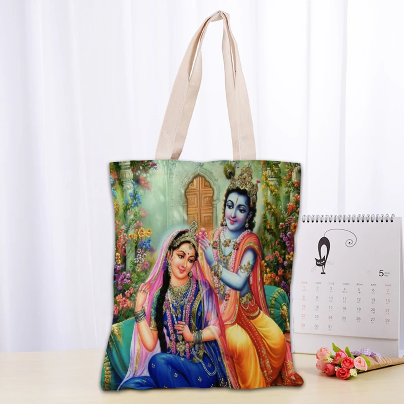 Custom Radha Krishna Tote Bag Women Canvas Fabric Bags Eco Reusable Shopping Bags Traveling Beach Casual Useful Shoulder Bag