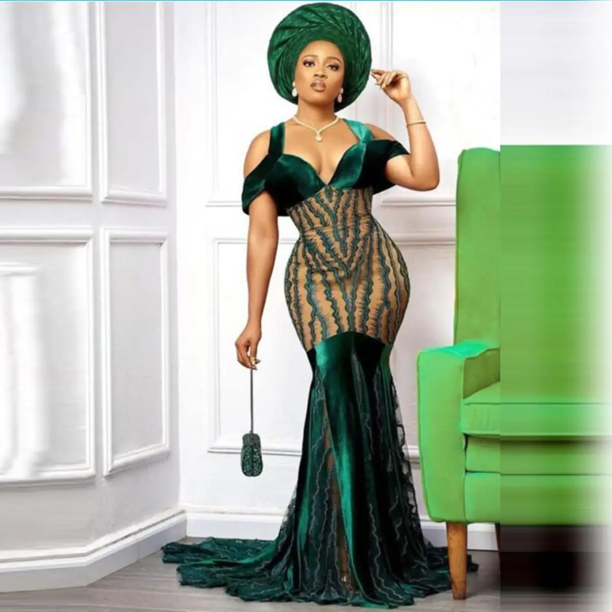 Dark Green Lace Mermaid Prom Dresses Aso Ebi Style Off The Shoulder Plus Size Evening Gowns African Women Formal Party Dress