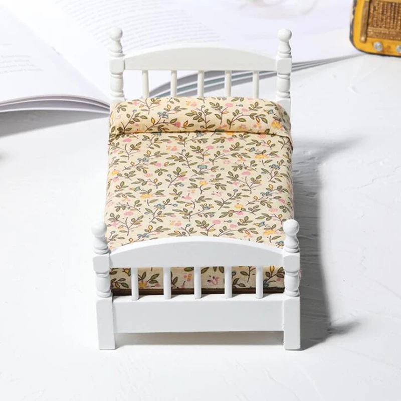 Retro Design 1:12 Dollhouse Miniatuur Wit Speelgoed Bed Meubels Slaapkamer Poppenhuis Slaapkamer Decor Accessoires