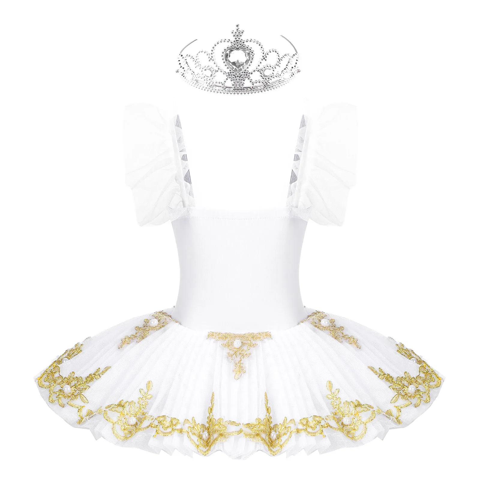 Kids Girls Lace Sequins Swan Ballet Dance Dress Princess Tutu Skirted Leotards Ballerina Party Costume with Crown Dancewear