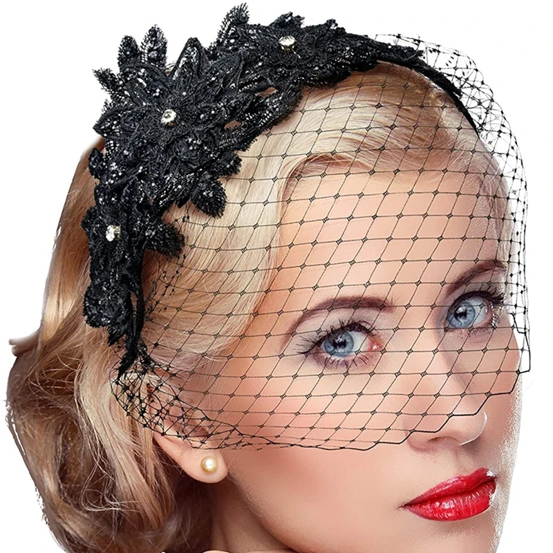 New 2021 Lace Appliques Rhinestone Beaded Black Veil Brides Women Hair Piece Headband with Net Da Sposa Copricapi