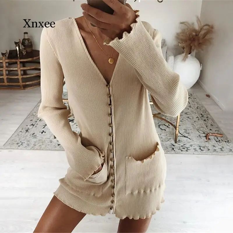 New French Romance V-Neck Ruffle Slim Short Dress Soft Dress Woman Spring Solid Long-Sleeve Casual Elegant Office Dresses