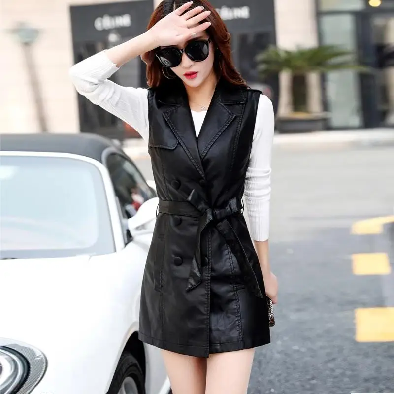 2023 Spring Autumn New Women Leather Vest Mid-length Women Clothing Slim Wild Sleeveless Leather Coat Female Jackets