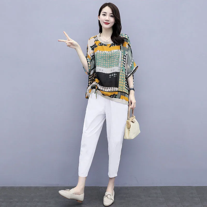 Women's Two-Piece Suit Printing Round Neck Short Sleeve Jacket +Nine Points Pants Suit New Summer Fashion Loose Ladies 2PCS