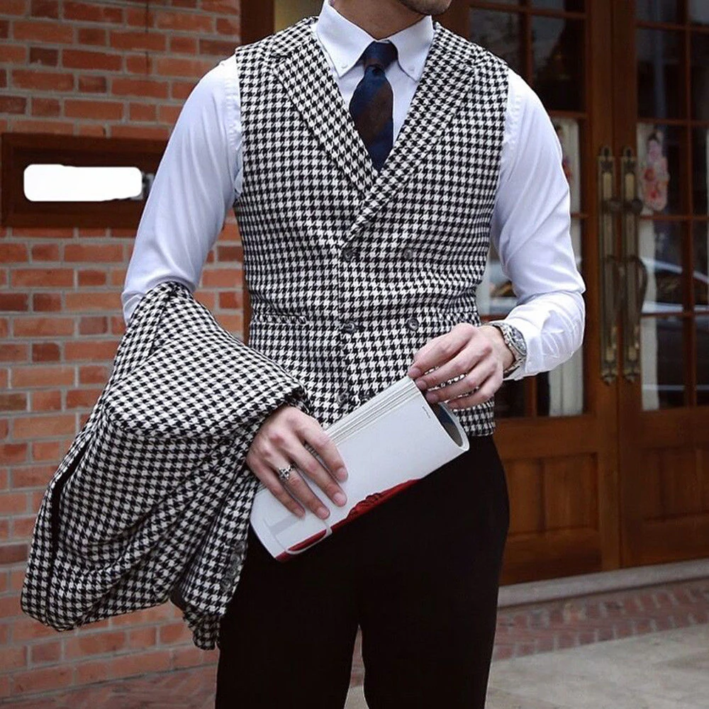 Men\'s Houndstooth Blazer and Houndstooth vest for Wedding Suits Formal Tweed Tuxedos Custom Made Man Suits Jacket+pants+vest