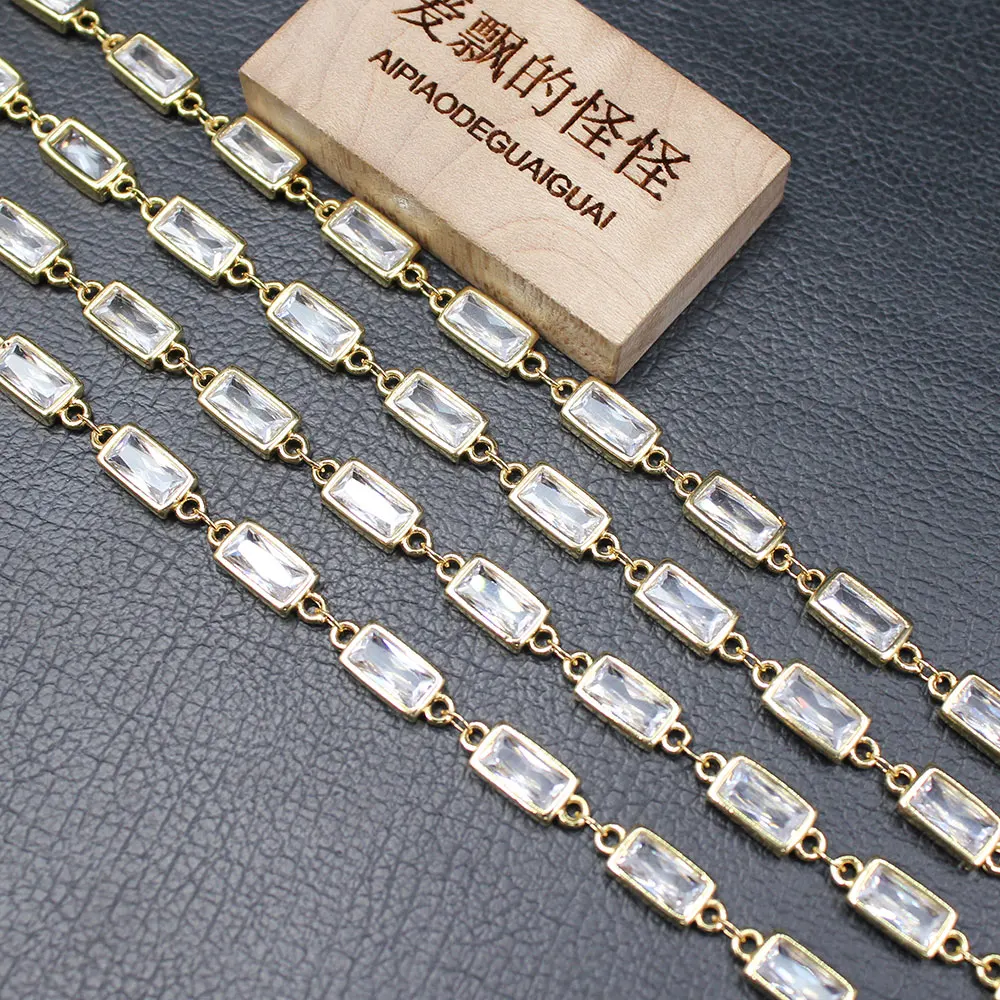 APDGG  1 Meter Bezel Set 5x9mm Clear CZ Yellow Gold Plated Copper Fashion Chain Paperclip Neck Chain Pearl Jewelry Making DIY