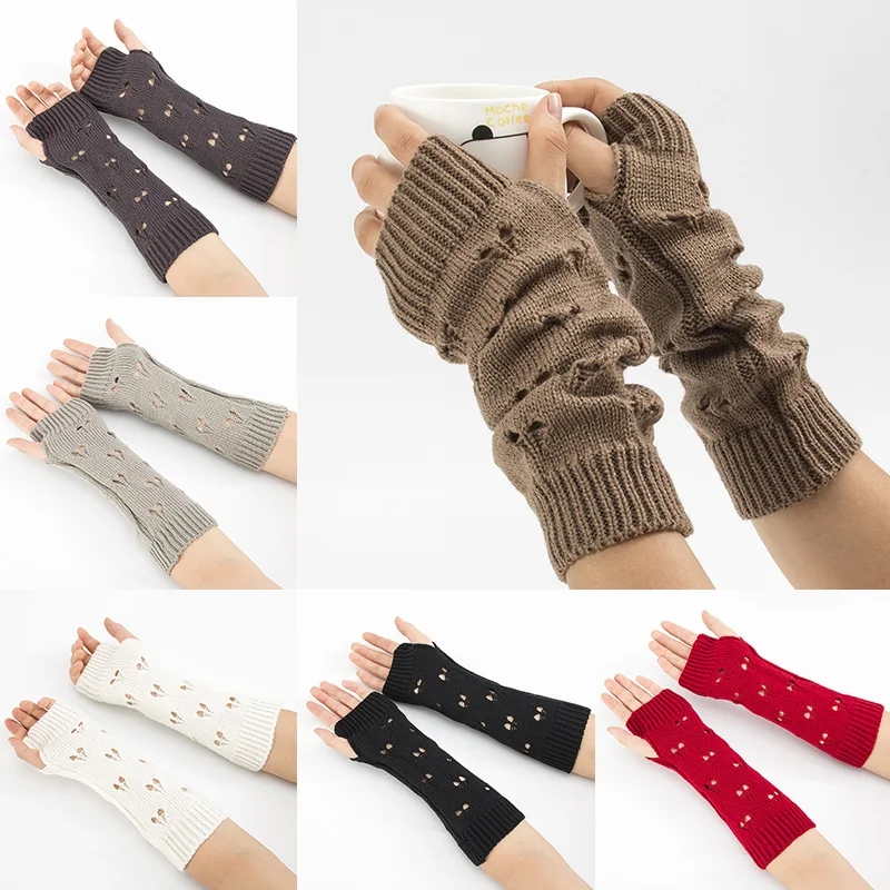 

Women Fingerless Gloves Hand Warmer Winter Gloves Women Arm Crochet Knitting Hollow Heart Mitten Christmas Fingerless Gloves