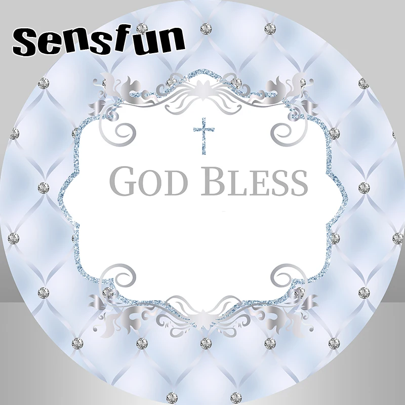 Blue Cross God Bless Round Backdrop Cover Boy Newborn Baptism Mi Primera Comunión 1st Birthday Party Circle Background Elastic