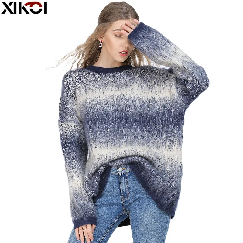 

XIKOI Gradient Stripes Women Winter Warm Knit Sweaters Oversized Pull Femme O-Neck Long Sleeve Fashion Pullover Tops For Lady