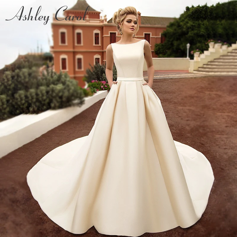 Ashley Carol A-Line Satin Wedding Dress 2023 Elegant Backless Scoop Bow Pockets Wedding Gown Customized Size Vestidos De Novia