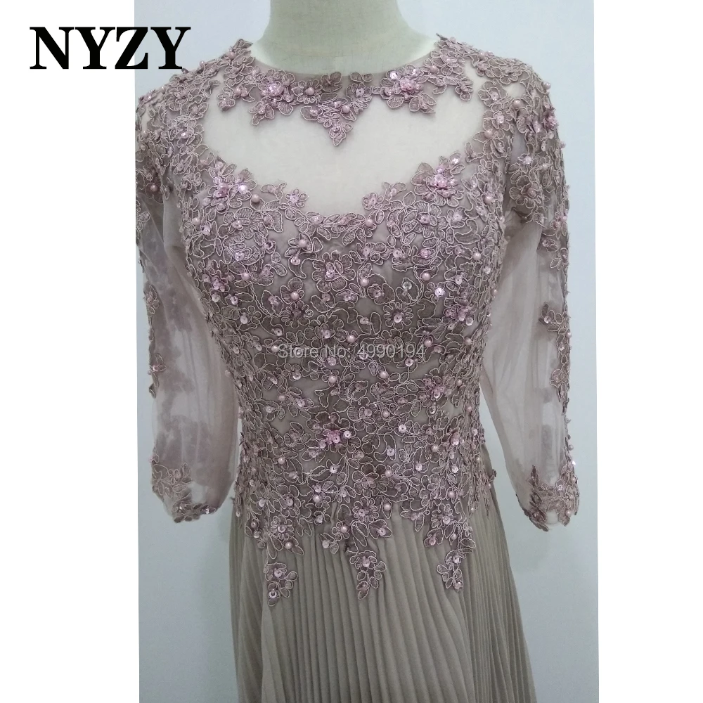 NYZY M308 – robe longue de la mère de la mariée, en mousseline de soie, manches 3/4 plissées, dentelle perles, élégante, robe de cérémonie de mariage, 2020