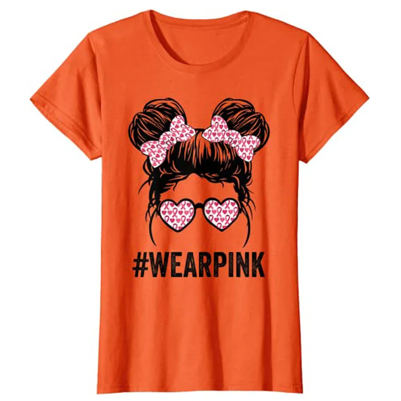 Womens Messy Bun Glasses Wear Pink Cute Breast Cancer Awareness T-Shirt Tops