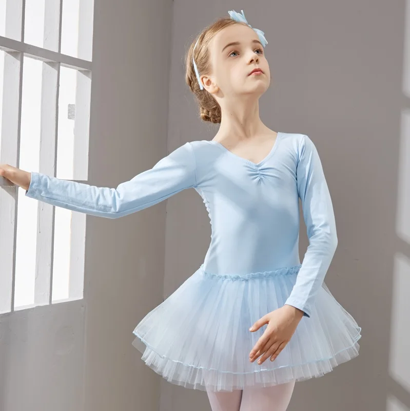 Long Sleeve Dance Dress for Girls, Cotton Ballet Dancewear with Tulle,Toddler Ballet Dress, Kids Tutu Dress, Kids Dance Skirts