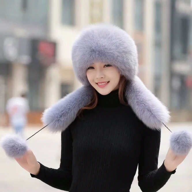 Sombrero de imitación de piel para mujer, gorro de nieve de imitación de piel de zorro, bufanda de un cuerpo, calor, versátil, negro, Otoño e Invierno