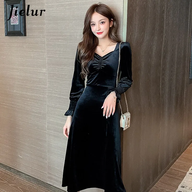 Jielur New Korean Gold Velvet Long Sleeve Black Dress High Waist Elegant Lady Sexy Long Dress Autumn Winter Woman Dresses S-XL