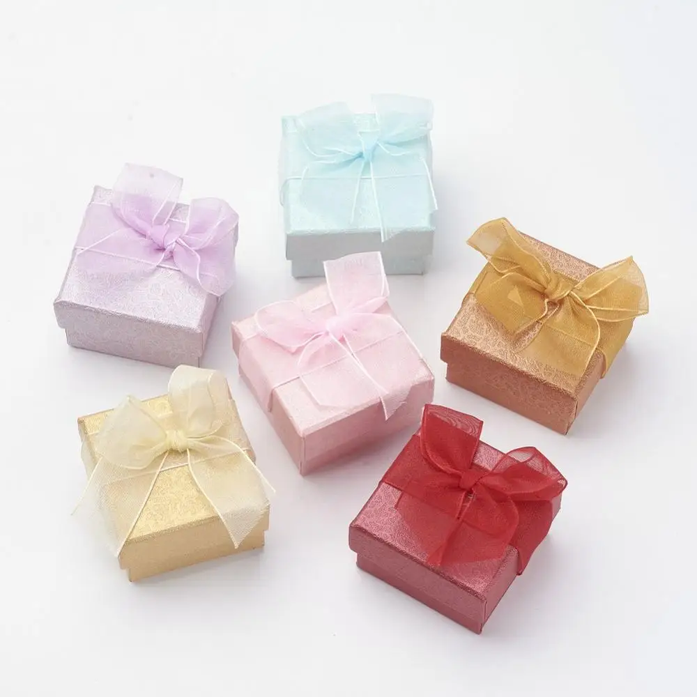 

48Pcs Cardboard Ring Boxes with Organza Bowknot Jewelry Box Container Square Display Gift Box Holder 5x5x3.1cm