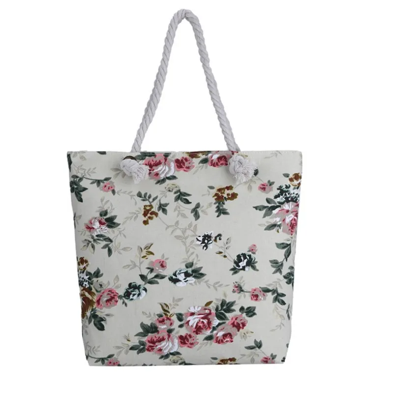 Sommer Damen Blume Gedruckt Leinwand Strand Handtasche Tragbare Große Kapazität Für Weibliche Einzelne Schulter Casual Tote Taschen Dropship