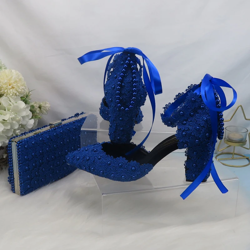 BaoYaFang Royal Blue Flower Strap Bridal wedding shoes Bride Pointed Toe Square Thick High Heel Party dress shoes and bag set