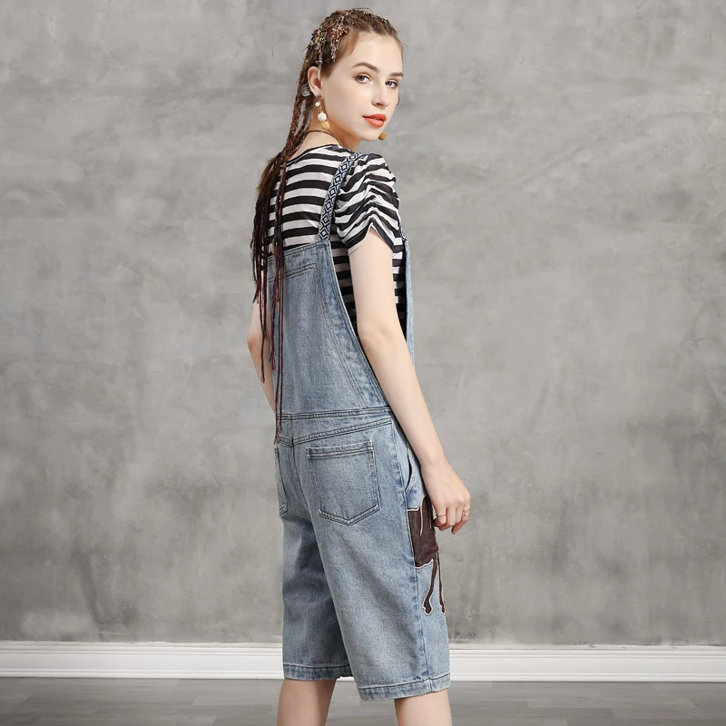 ชุดสตรีฤดูร้อน 2020 Yuzi.May Boho ใหม่ DENIM ผู้หญิง Playsuit Slash คอเย็บปักถักร้อยหลวม Jumpsuits X2235