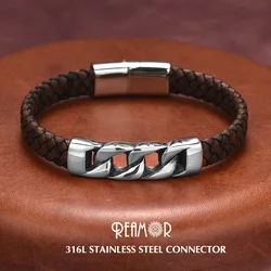 REAMOR Trendy Men Jewelry Stainless Steel Connector Braided Leather Magnetic Buckle Bracelets Punk Men Wristband Pulsera Hombre