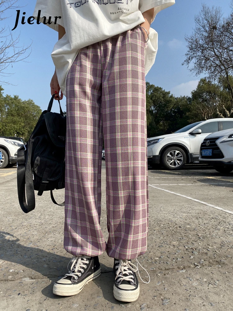 Jielur Boyfriends 2021 Trousers for Women Pink Plaid Retro College Style Pants Girls Wide-leg Street Casual Pants S-XL Summer