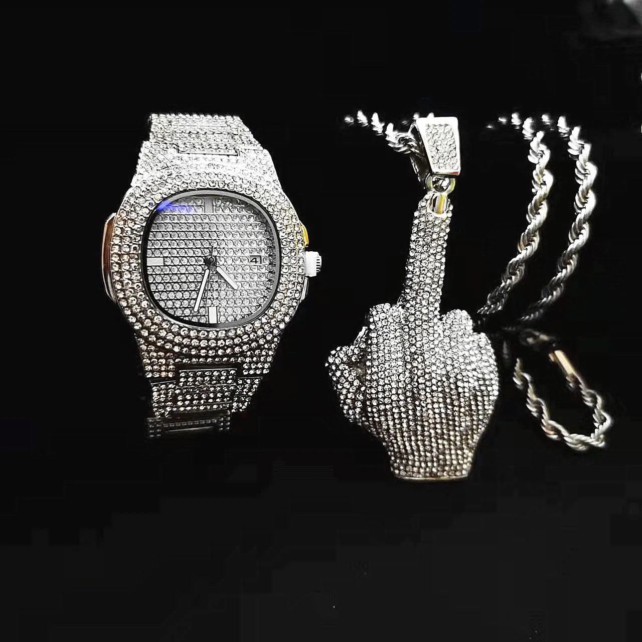 

2pcs Iced Out Watch Necklace for Men Luxury Diamond Gold Watch Men Bling Hip Hop Middle Finger Pendant Chain Fashion Jewelry Set