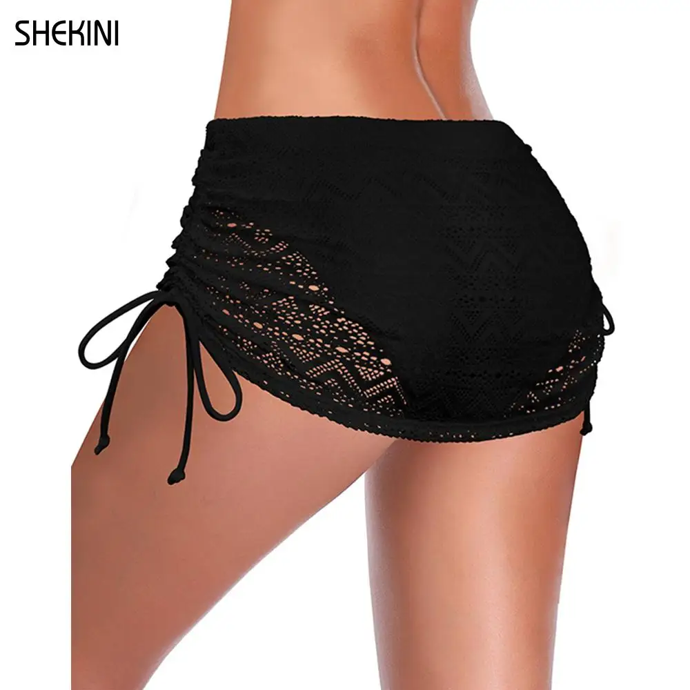 SHEKINI Womens Swimdress Drawstring Lace Crochet Bikini Bottom with Build-in Brief Ruched Swim Skirt Bikini Swimsuit Beach Skirt