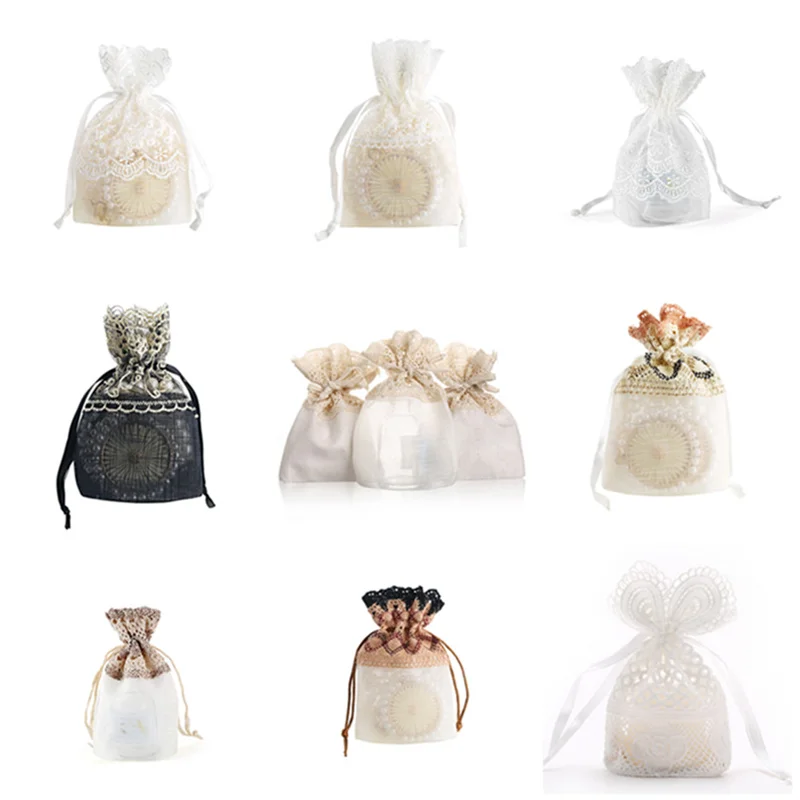 

New 10X14CM Five Petal Flower White Lace Yarn Bag Folded Bottom Jewelry Drawstring Bag Creative Gift Slub Yarn Drawstring Pocket