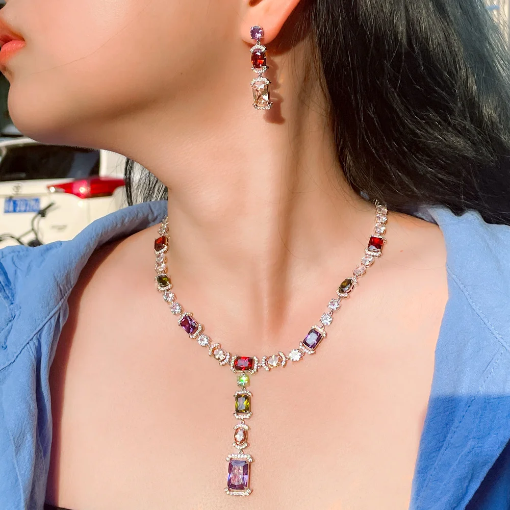 CWWZircons Boho Geometric Colorful Cubic Zirconia Big Necklace Earrings Jewelry Sets for Women Party Wedding Dress Jewelry T0615