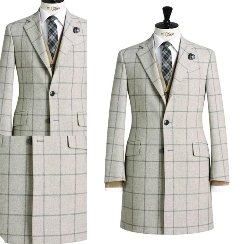 

High Quality Men Tweed Suit Lattice Check Retro Peak Lapel Two Button Tailored Suit Man Outwwear