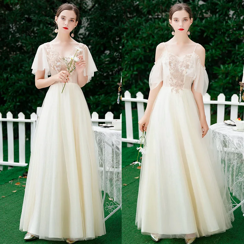 Champagne A-Line scollo a v abito da sera elegante festa di nozze Appliques dorate abiti da damigella d'onore Tulle scollo a barchetta Robe De Soriee