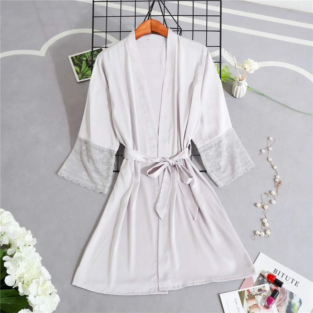 Women Silk Satin Short Night Robe Solid Kimono Robe Sexy Lace Trim Bathrobe Peignoir Bride Bridesmaid Robe Fashion Dressing Gown