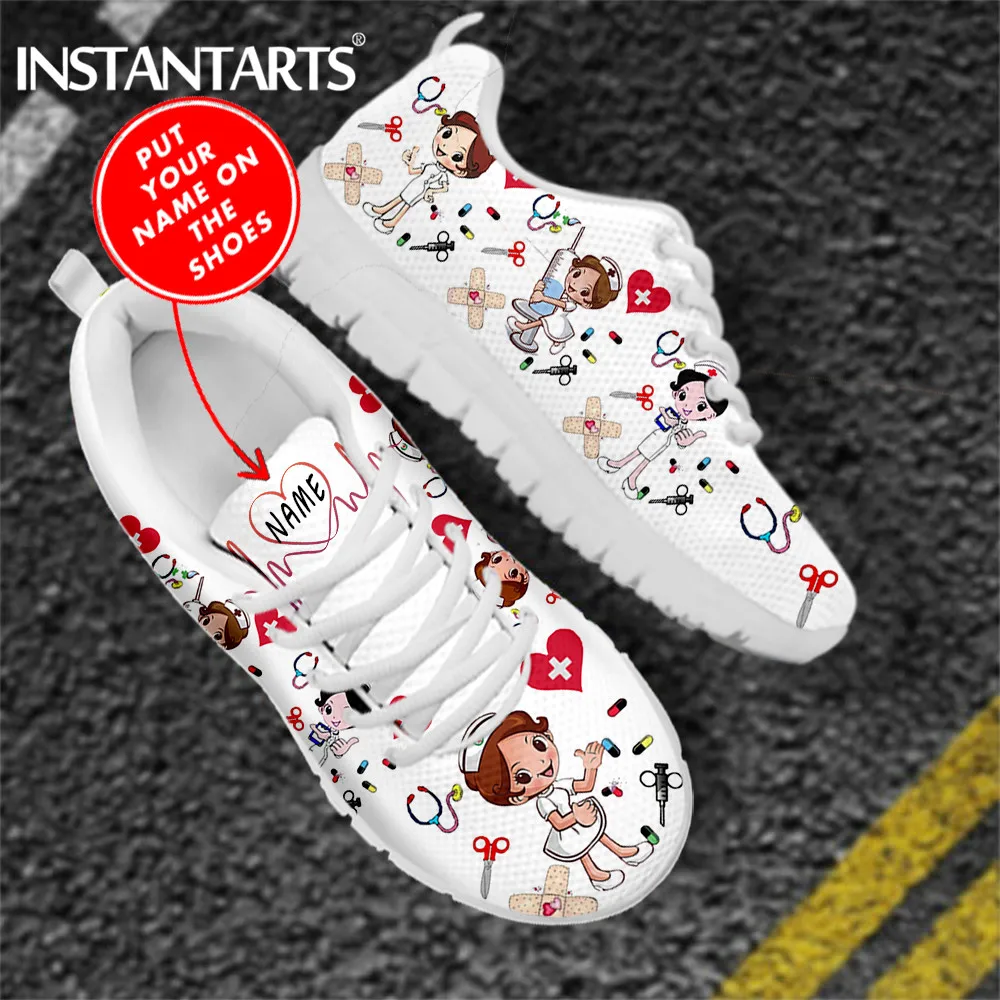 INSTANTARTS Custom Name Nurse Shoes Mesh Flat Sneakers for Women\'s Cute Cartoon Premium Sketch Physio Design Breathable Footwear