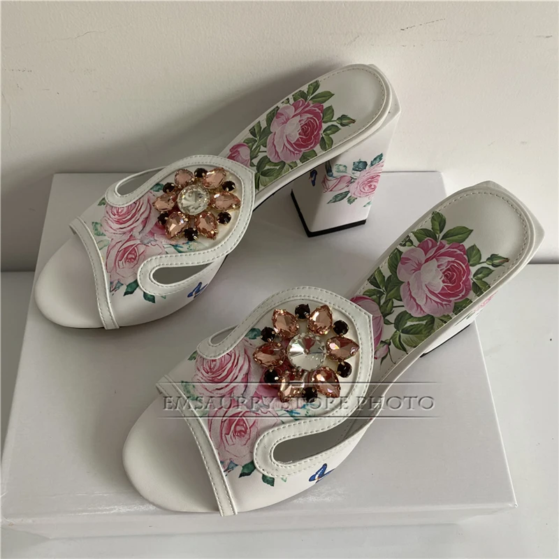 Print Butterfly-Flower Real Leather Sandals Women 10cm Square High Heel Open Toe Slingbacks Rhinestone Runway Mules