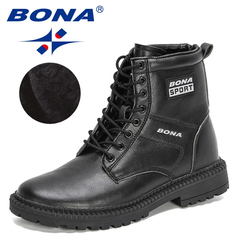 

BONA 2022 New Designers Action Leather High Top Shoes Men Chunky Heels Ankle Boots Man Anti-Slip Plush Footwear Short Booties