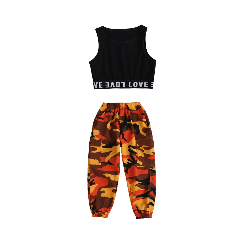 Fantasia de dança jazz, roupas de hip hop, tops pretos, calças de camuflagem para meninas, hip-hop, roupa de dança de rua, roupa de desempenho, rave, bl5527