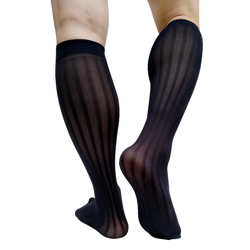 Sheer Thin Mens Long Socks Knee High See Through Sexy Stocking Tube Hose Striped Black Navy  Fashion Gentlemen Socks