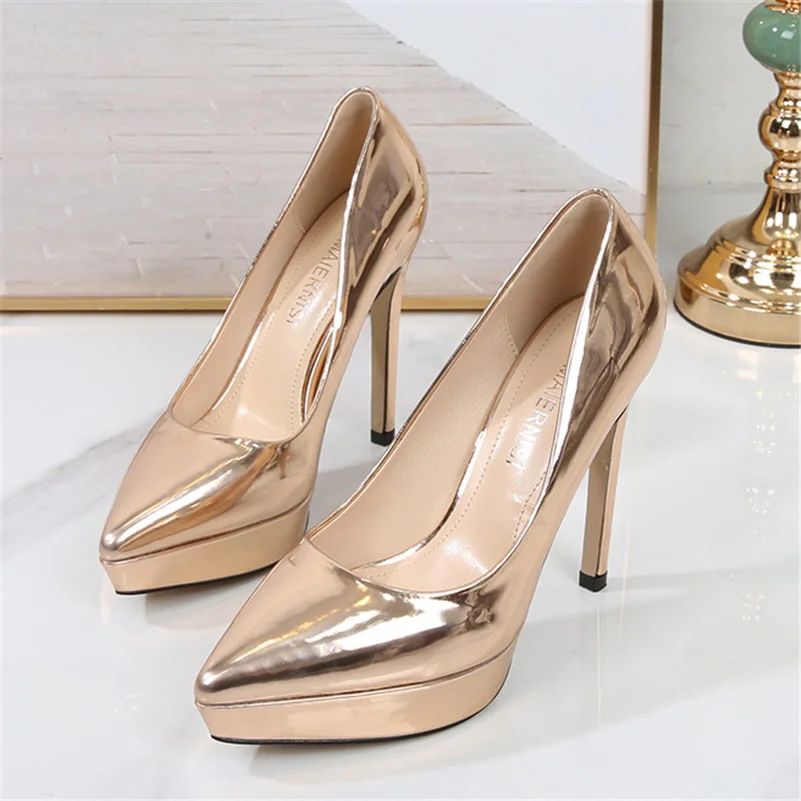 Women 12cm High Heels 2.5cm Platform Fetish Gold Pumps Lady Wedding Bridal Plus Size Bling Heels Nightclub Silver Party Shoes