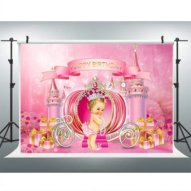 Toile de fond de photographie d'anniversaire de petite princesse pour fille rose, bannière de fête d'anniversaire, château, Aliments, chesdistricts age