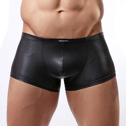 Cueca boxer masculina de verão, roupa íntima sexy preta, sem costura, couro sintético, roupa íntima de cintura média, cueca com bojo grande