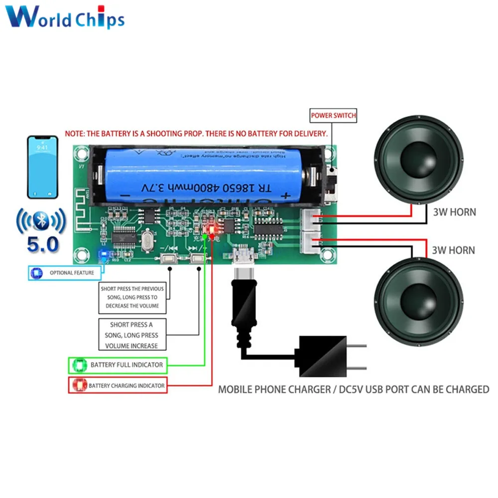 Mini PAM8403 Bluetooth 5.0 Amplifier Board DC5V 3W+3W 2.0 Channel Audio AMP with 18650 Battery Holder For Speaker DIY