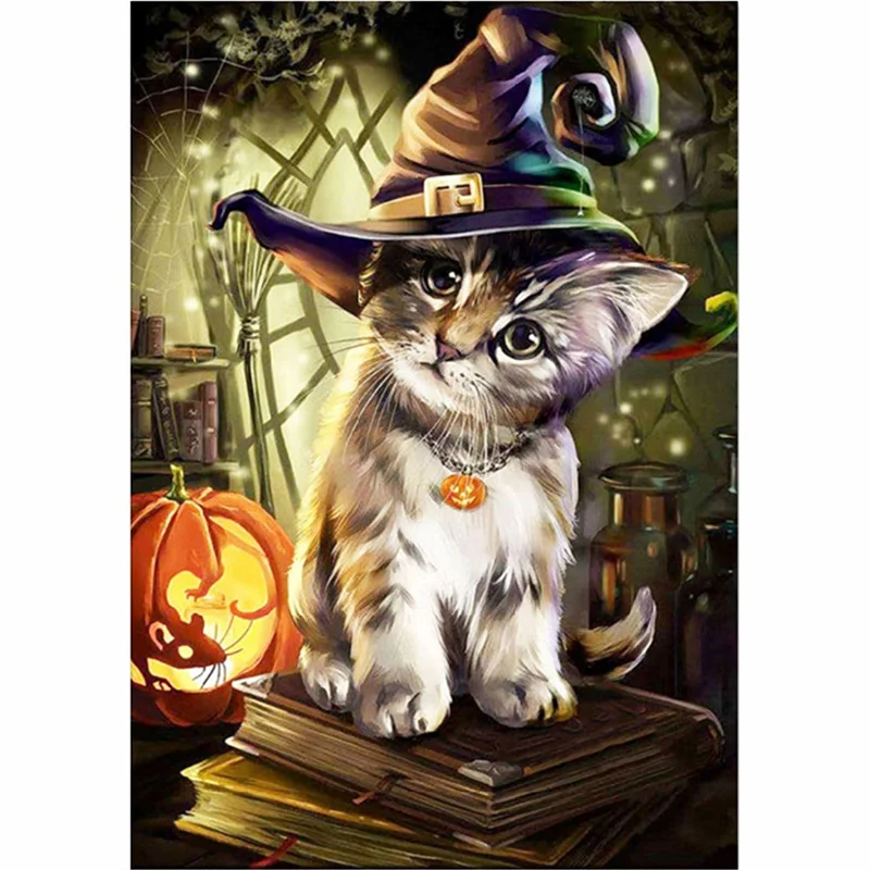 Cross Stitch Embroidery Set Halloween Cat Picture 45x60cm Home Decoration Animal Crossing Precision Printing Diy Needlework Kits