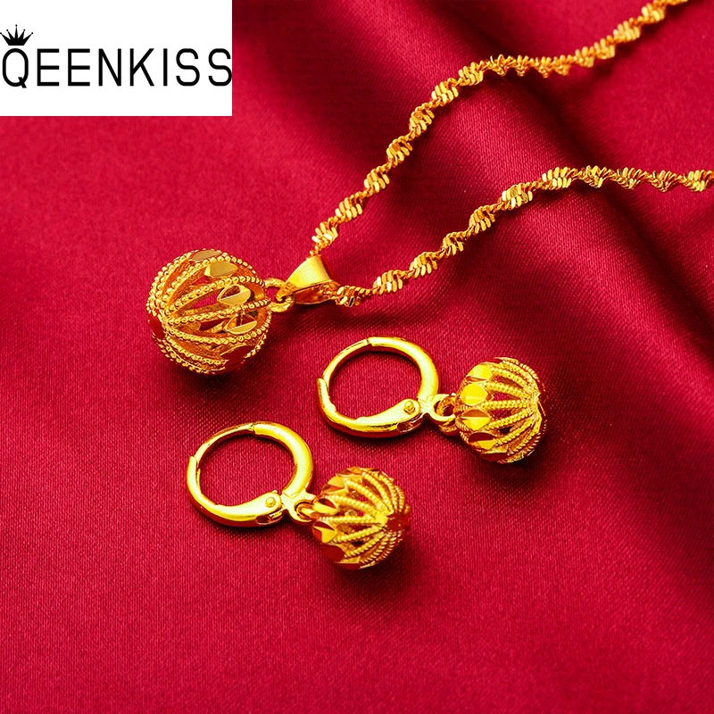 QEENKISS-Juego de joyas de bola de oro para mujer, collar y pendientes de gota, joyería fina al por mayor, fiesta de boda, novia, regalo para damas, JS511, 24KT