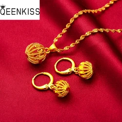 QEENKISS Gold Ball Necklace+Drop Earrings Jewelry Set For Women Wedding Party Birthday Christmas Bride Ladies Mother Gift JS511