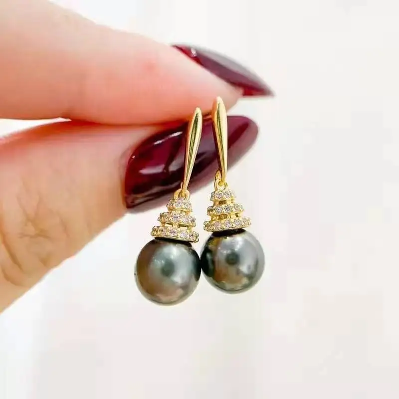 

RY Pure 925 Sterling Silver Round 9-10mm Fresh Water Black Pearls Studs Earrings Women Fine Pearl Earrings Clasps