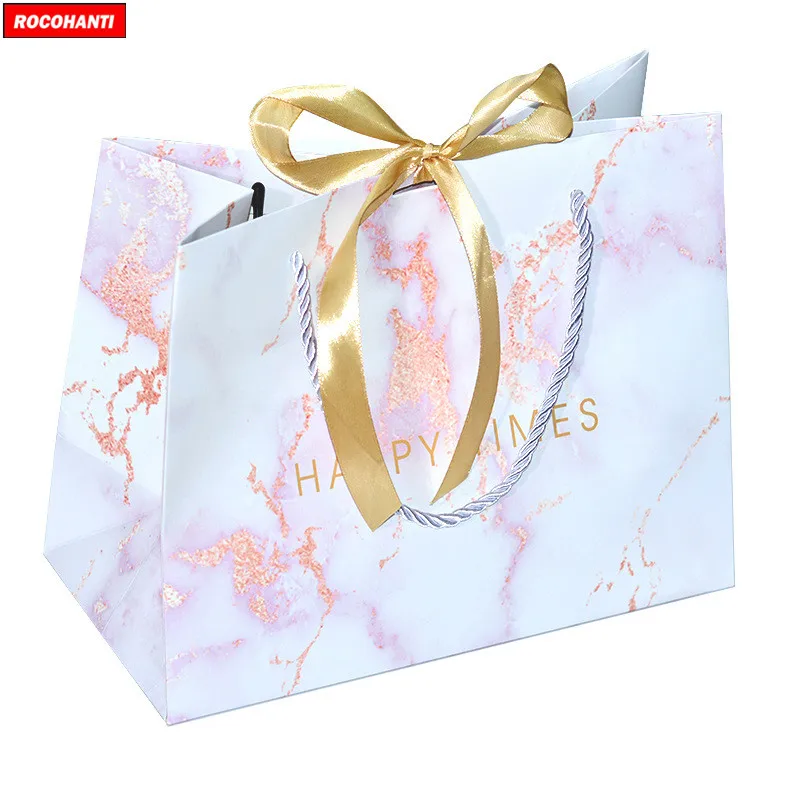 Custom LOGO Luxury Pink Marble Paper Bag  Gloss Lamination Marbling Printed Gift Packaging Bag for Clothing Shopping