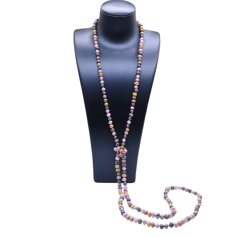 Ladies Long Necklace Colorful Freshwater Pearl Sweater Long Necklace Round Pearl Dress Accessories Double Layer Necklace